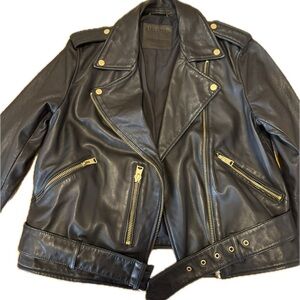 All Saints Black Leather Jacket with Gold Details
